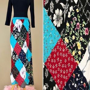 Vintage 90s Boho Patchwork Floral Rayon Maxi Skirt